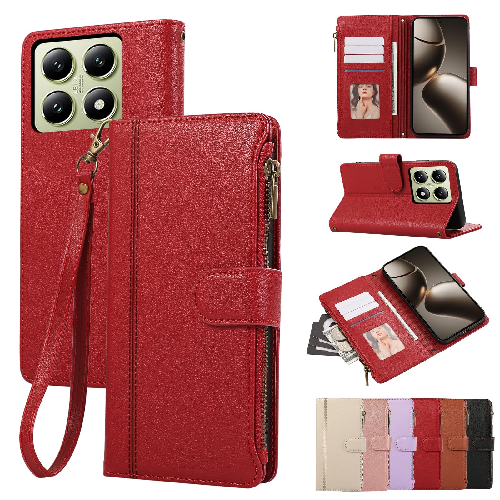 Rosbtib Case for Xiaomi 14T Pro 2024 6.67 Inch Leather Case Zip Magnetic Closure Wallet Case with 4 Card Slots Stand Function Retro Cover Xiaomi 14T Pro, Red