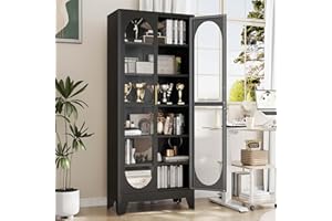 pozdeg 75" Display Cabinet with Glass Doors, Metal Tall Curio Cabinets with Lock and 5 Adjustable Shelves, 6 Tier Liquor Cabinet Display Case for Collectibles, Living Room, School, Commercial (Black)