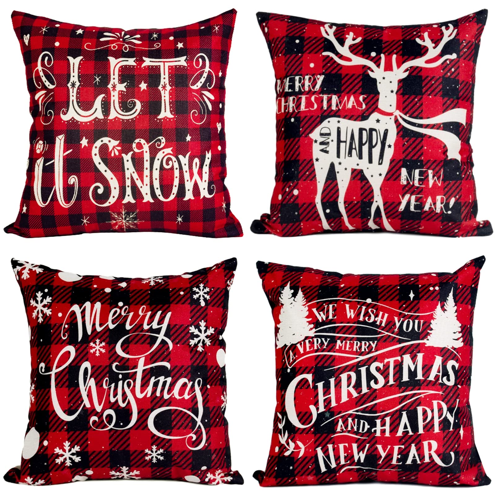QIFU Christmas Cushion Covers 45x45, Red Black Xmas Cushion Covers Set of 4, Linen Xmas Pillow Cases with Reindeer Snowflake for Christmas Decorations Indoor, Sofa Cushions Bedroom Living Room Decor