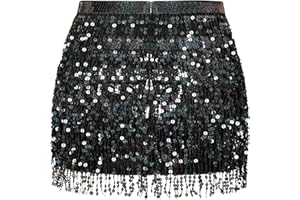 MYMORE Womens Sparkly Sequin Fringe Skirt - Black Rave Concert Disco Space Cowgirl Outfit Glitter Tassel Mini Skirts