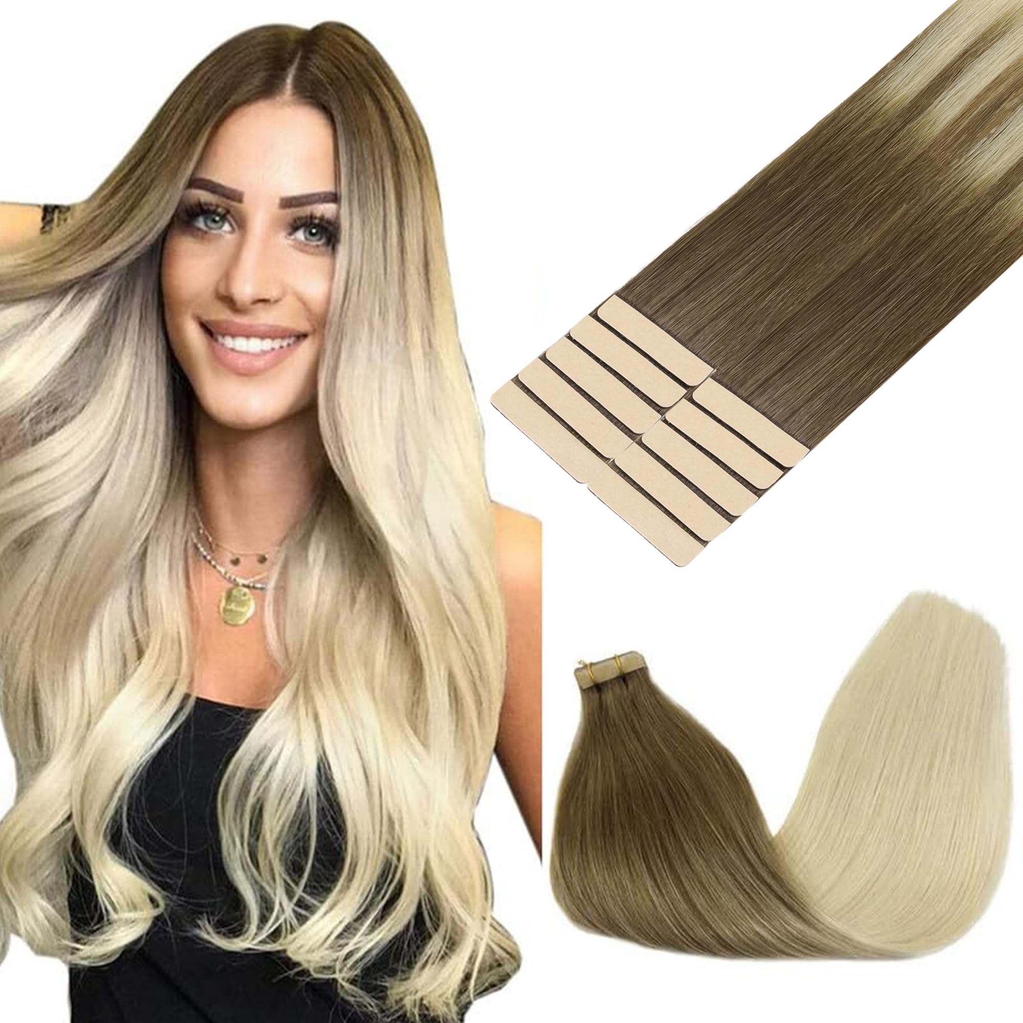 GOO GOO Tape in Hair Extensions human hair, tape Hair Extensions, 14inch 25g 10pcs, Human Hair Extensions, 9/60 Ash Brown to Platinum Blonde — image 1