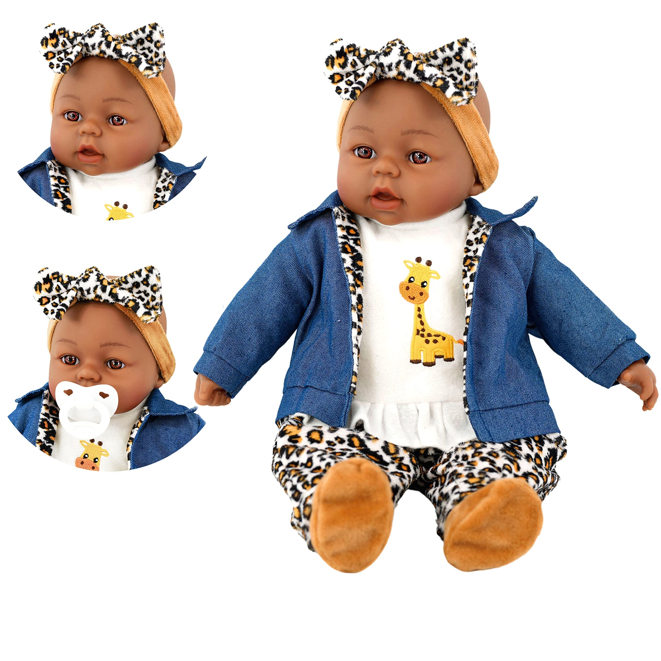 BiBi Doll 18" Ethnic Black Baby Girl Doll with Dummy & Sounds - Lifelike, Soft Body, Cheetah Print Themed Outfit, Realistic Toy for Girls & Boys Aged 18 Months+