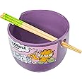 Silver Buffalo Garfield Eating Takeout Ceramic Ramen Noodle Rice Bowl with Chopsticks, Microwave Safe, 20 Ounces