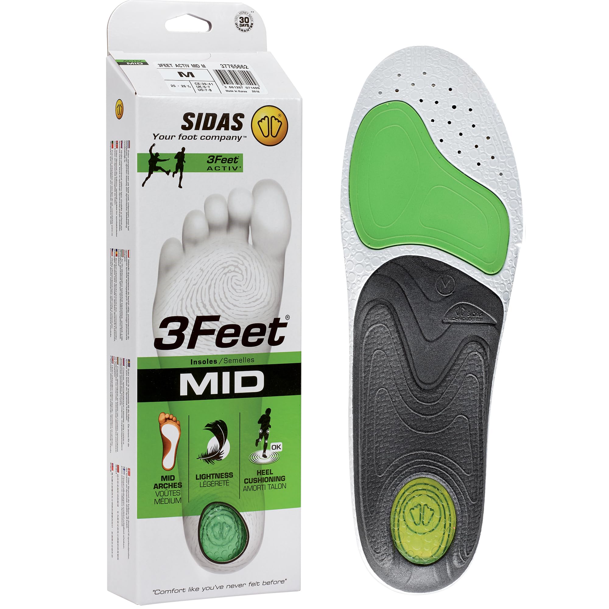 Sidas 3FEET Activ' Mid Insoles - Green/Black, XS: 2-3
