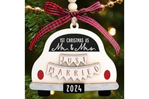 Pawzity Wedding Gifts - Mr and Mrs Gifts for Couples 2024, Bride - First Christmas Married Ornament 2024-1st Married Bridal Shower Gift - Wood Ornament