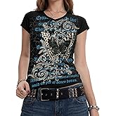 IWOLLENCE Teen Y2K Gothic Shirts Emo Scene Punk Grunge Tops | Womens Vintage Graphic Cap Sleeve V Neck Baby Tees, Downtown Girl 2000s Alternative Coquette Alt Mcbling Clothes, Slim
