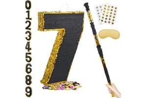 PCFING 20 Inch Number 7 Piñata Gold Black with 30 Inch Piñata Stick Blindfold Confetti for Man Women Kids Birthday Party Decorations, Anniversary Celebration, Fiesta