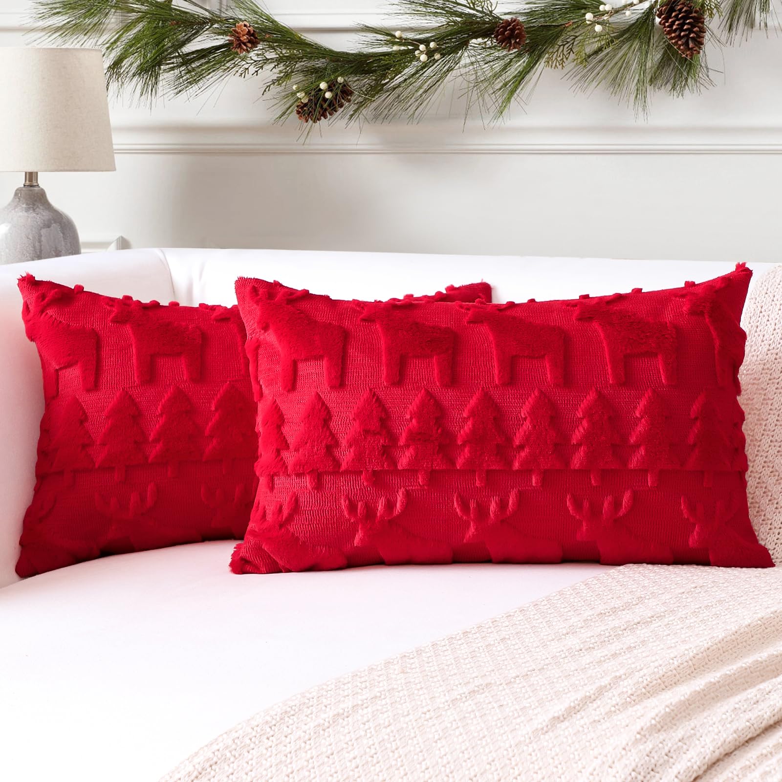 Artscope Set of 2 Xmas Soft Plush Short Wool Velvet Decorative Cushion Covers Square Luxury Style Throw Pillow Covers Pillow Shell for Sofa Bedroom Christmas Tree and Elk Red, 40x60cm