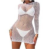 WDIRARA Women's Hollow Out Fishnet Cover Up Long Sleeve Sheer Mesh Beach Dress Coverups