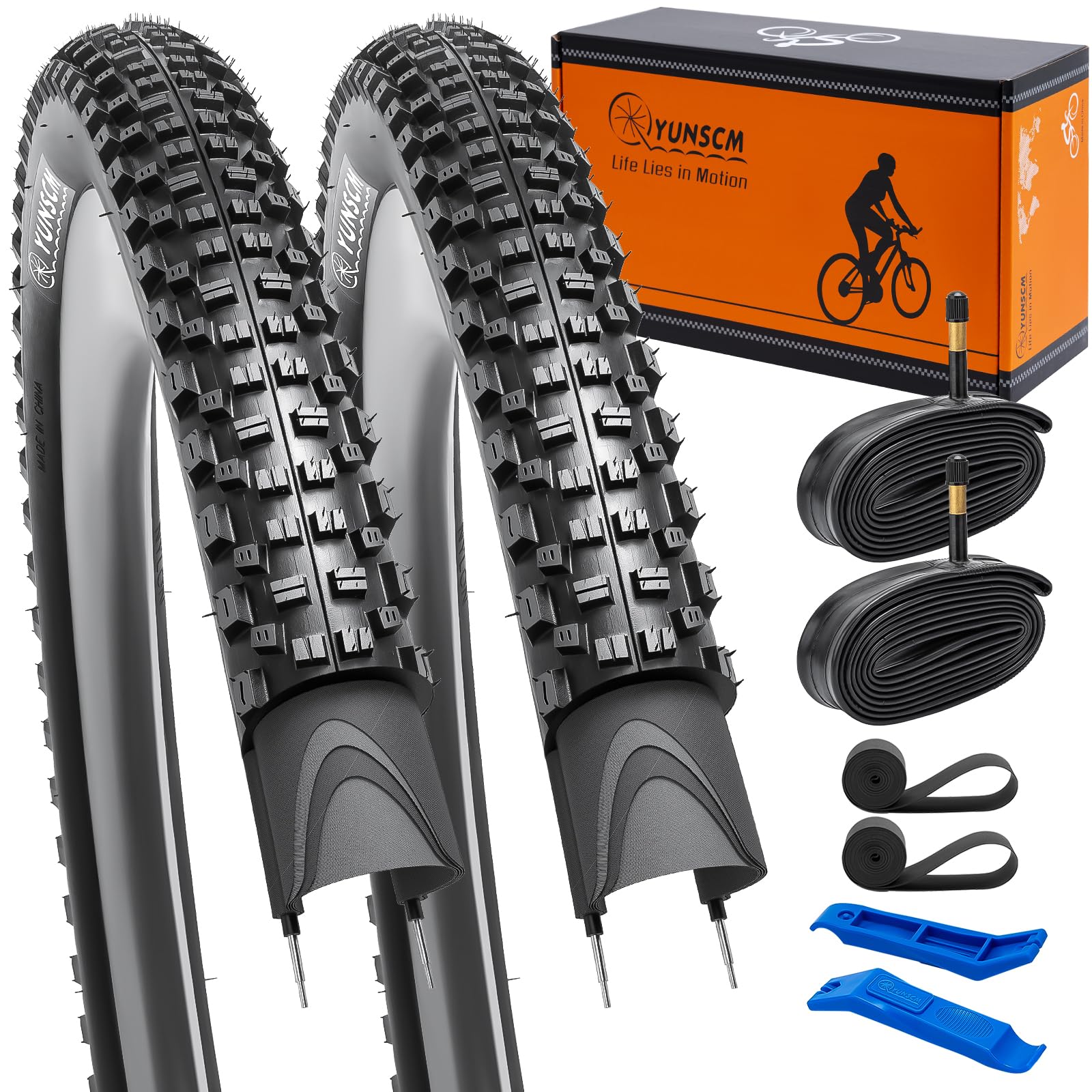 YunSCM 29inch 120TPI Lightweight Bike Tyres 29x2.25 57-622 Anti-puncture Folding Tyres and 29'' Tubes AV48mm Schrader Valve, Compatible 29x2.20 29 x 2.25 29 x 2.30 MTB Racing Bike Bicycle Tyre| 2-PCS