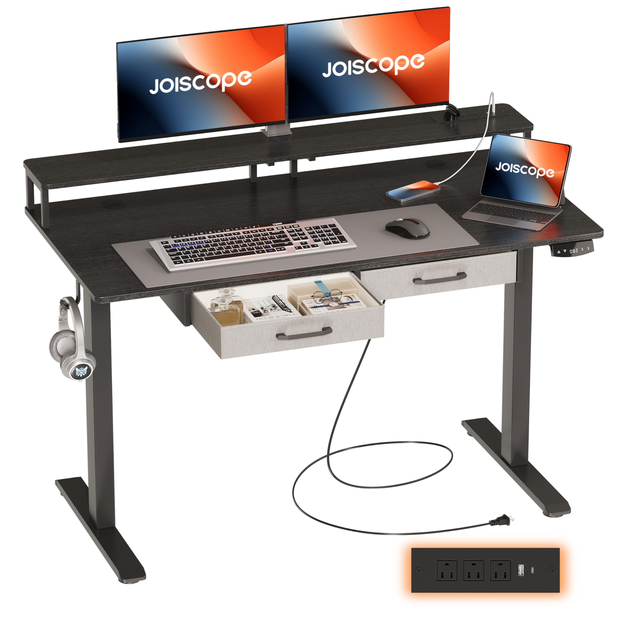 Photo 1 of ***DAMAGED - SCREWS STRIPPED***
JOISCOPE 48'' Height Adjustable Electric Standing Desk with Display Riser, Drawers, Power Outlet (3AC, USB, Type-C) & Memory Height, Gaming Study Drafting Sit Stand Desk for Home Office Bedroom, Black