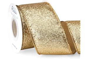 Ribbli Gold Glitter Wired Ribbon with Gold Metallic Edge,Christmas Ribbon for Wreath, Tree Decoration, Home Decor, 2-1/2 Inch x 10 Yards