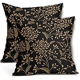 aportt Boho Pillow Covers 18X18 Inch Set of 2 Black Gold Floral Leaves Decorative Pillow Cases Vintage Flower Leaf Cotton Linen Cushion Case Farmhouse Home Decor for Sofa Couch Porch Outdoor