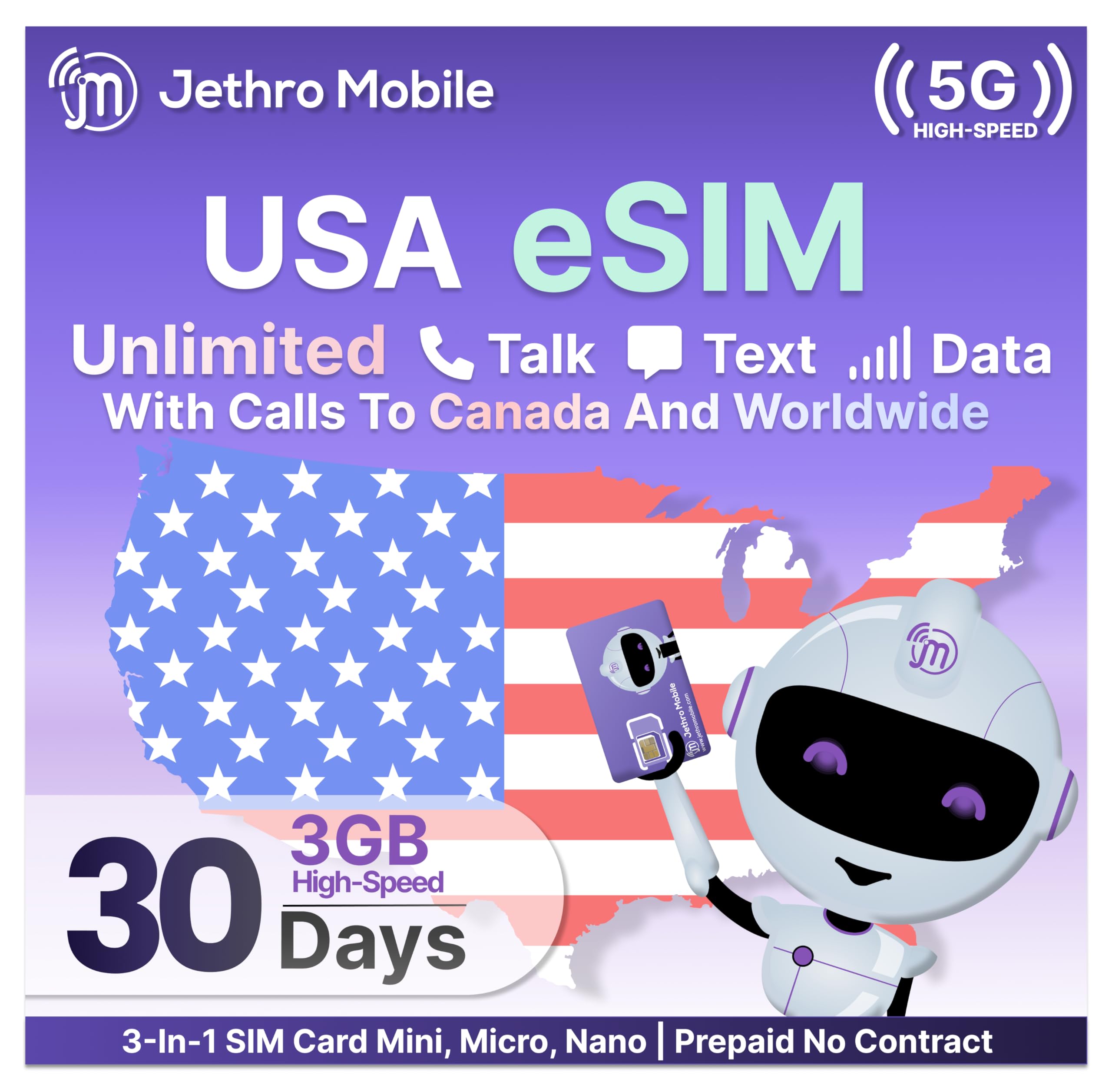 eSIM for Unlocked Phone | 3GB High-Speed Data | Unlimited Talk & Text | No Contract | Simple Activation | 5G 4G LTE High-Speed Coverage (30 Days)