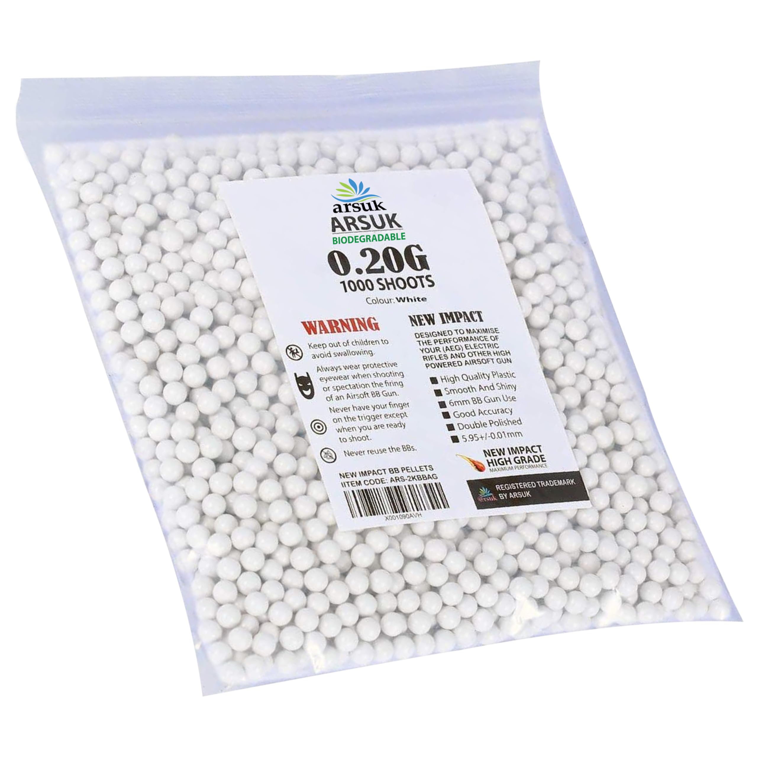 ARSUK Biodegradable 6mm Airsoft BBs 0.20g – White Seamless Polished BB Pellets for Training & Target Practice – Standard 6mm Size (0.20g 1K Bio Bag White)