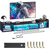 70.9"W Floating TV Stand with LED Lights & Power Outlets for 60 65 70 75 Inch TV Wall Mounted Entertainment Center with Storage for Living Room Wood Media Console Shelf Black TV Shelf Wood for Bedroom