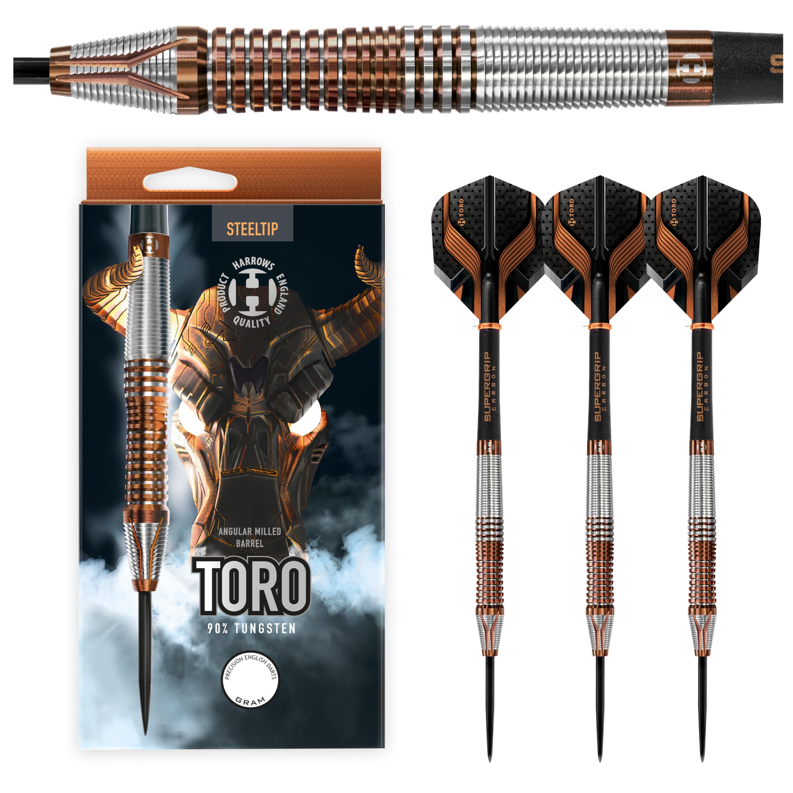 Harrows Toro 90% Tungsten Steel Tip Darts Set 22g, 23g, 24g & 25g - Includes Supergrip Carbon Midi Shafts & new 100 Micron Toro Flights