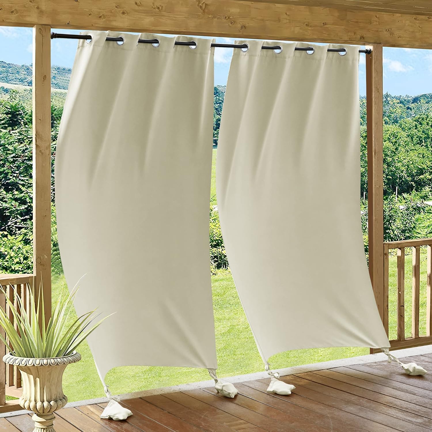Outdoor Curtains - RYB HOME Windproof Curtains Outdoor - Waterproof Blackout Curtain with Weighted Bags, Sun Protection Durable Draperies for Patio, Gazebo, Outdoor Living Workout Areas, W 52 x L 84, 2 Pcs, Light Beige