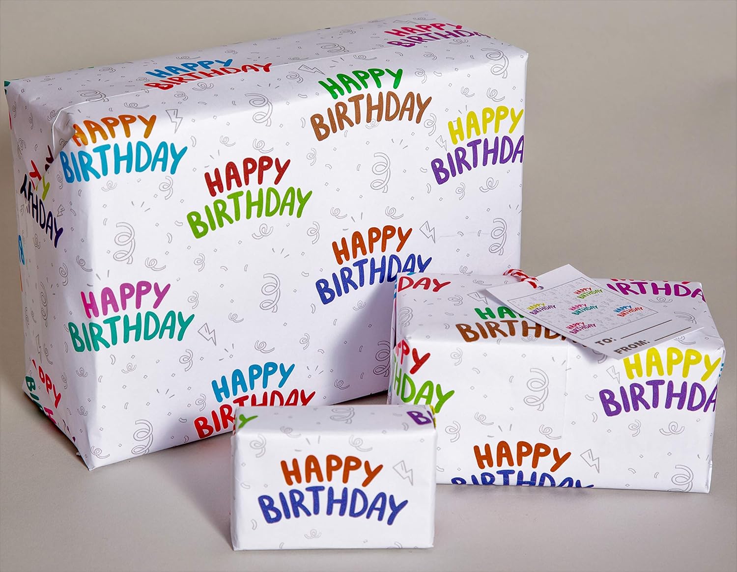 Happy Birthday Wrapping Paper with Matching Gift Tags and Twine, 4 Extra Large Fully Recyclable Sheets, 85 x 60 cm. Produced in The UK