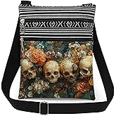 XiaoGalaee Sugar Skull Crossbody Bag Flowers with Skulls Print Adjustable Strap Messenger Bag Daily Use Zipper Wallet Halloween Night Christmas Gift for Women
