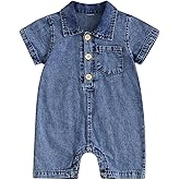 Santikisler Newborn Baby Boy Girl Summer Clothes Lapel Short Sleeve Romper Button Up Solid Denim Jumpsuit Overalls