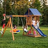 Sportspower Applewood Cedar Wooden Swing Set, Double A-Frame with 32in Saucer Swing &amp; Sling Swing, on 6ft Slide, Play Fort with Rock Wall, Chalkboard, Sandbox &amp; Basketball Hoop