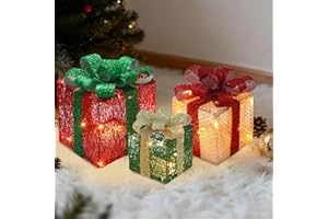 NAGHDIGBLE Christmas Decorations, 3-Piece Set, Box Ornaments with Bows, Illuminates Christmas Tree Skirts. Suitable for Indoor, Courtyard, and Outdoor Lawn Decorations.