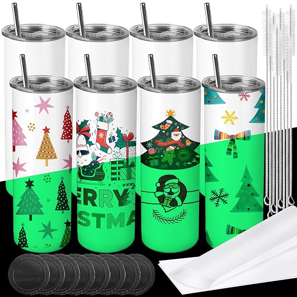 JOYCLUB 8 PACK SUBLIMATION TUMBLERS GLOW IN THE DARK 20 OZ BULK BLANK TUMBLERS SKINNY STRAIGHT FLAT BOTTOM CUPS WHITE WITH LID AND STRAW