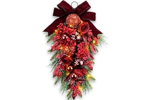 YULETIME 24" Pre-lit Decorative Teardrop Swag, Battery Operated Artificial Christmas Swag with Fairy Lights, Red Bowknot & Baubles, Pine Cones, Red Berries