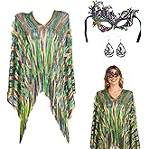 Mardi Gras Outfit for Women – Purple Green Gold Poncho Shawl Scarf with Matching Tassel Earrings and Mask, Lightweight Masquerade Cloak & Mardi Gras Accessories Set for Carnival Party Parade
