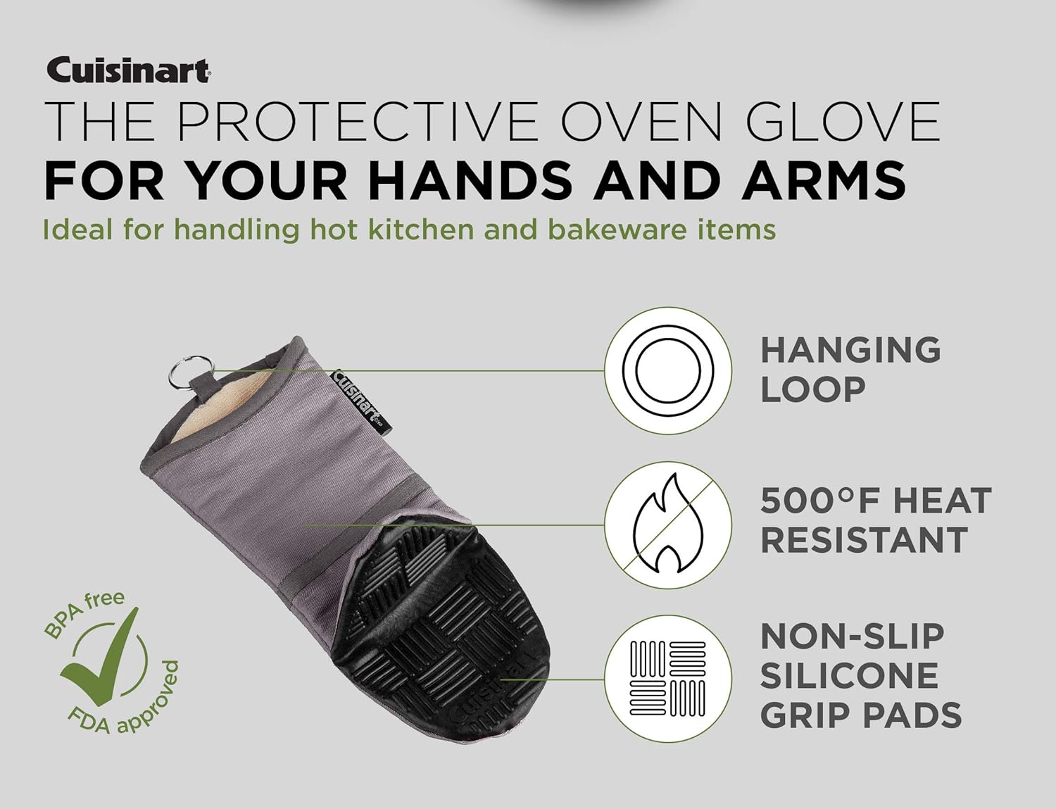 Cuisinart Silicone Oven Mitts, 2pk - Heat Resistant up to 500 degrees F Handle Hot Cooking Items Safely - Non-Slip Grip Oven Gloves with Soft Insulated Deep Pockets and Convenient Hanging Loop - Grey: Home & Kitchen