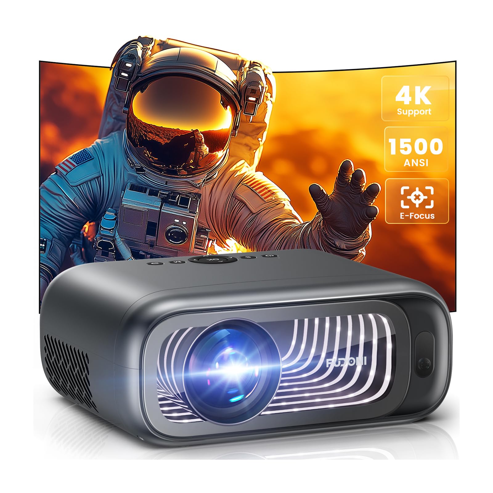 Photo 1 of [Electric Focus/High Brightness] FUDONI Projector with WiFi and Bluetooth, Native 1080P 1500 ANSI 4K Support, Outdoor Movie Projector Max 300'' Display, for iOS/Android/TV Stick/HDMI/USB/Laptop
