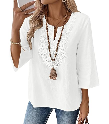 LOMON Short Sleeve Tops for Women Cotton Linen V Neck Shirts