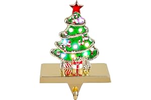 Amooca Christmas Stocking Holders Non-Slip Metal Hooks LED Lights Tree Decor Fireplace Mantle Stocking Hanger for Party Decorations (Green Gold)