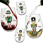 BANBERRY DESIGNS Nutcracker Christmas Decor - Stemless Wine Glasses - Wine Glass - Set of 4 - Holiday Toy Soldier Design - 20 oz Capacity - 4.75" Tall