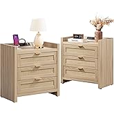 SICOTAS Rattan Nightstands Set of 2 Bedside Table - Larger Night Stand with Type-C Charging Station, 3 Drawers Storage, Boho 