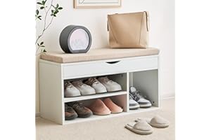 Apicizon 31 Inches Storage Bench, Shoe Bench with Flip Top Storage Space and Padded Cushion, Wooden Entryway Bench for Entryway, Living Room, 2-Tier Shoe Rack Organizer, White