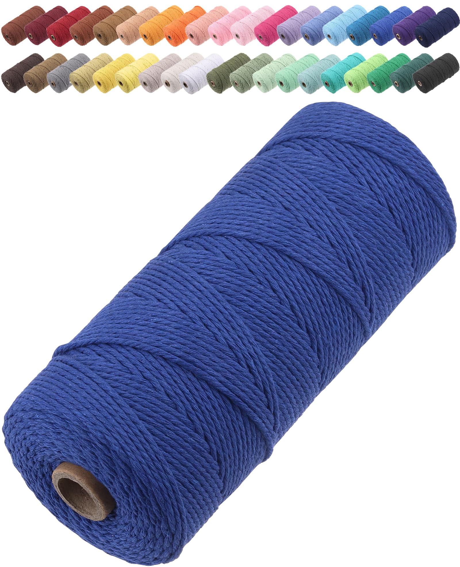 GOHOF Macrame Cord 2mm x 205m Premium Cotton Macrame Rope, 3 Strand Twisted Soft Cotton Cord, One of The Most Perfect Materials for Macrame Art, Cotton String Without Chemicals (Dark Blue)