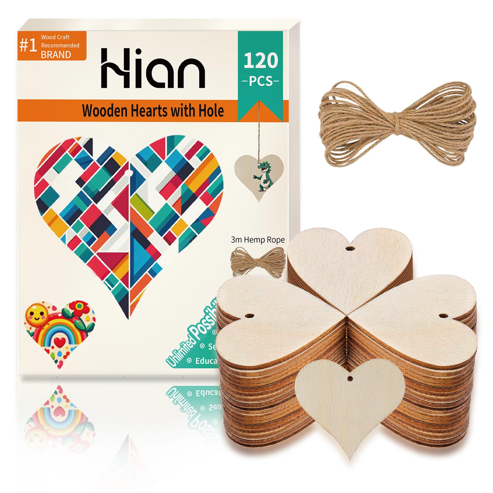 Wooden Hearts 120 Pcs 4cm/1.57inch Rustic Craft Unfinished Wood kit - with Predrilled Hole & 3M Hemp Rope - Perfect for DIY Art Projects, Christmas Ornaments