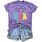 Happy Easter Shirt Women Chillin with My Peeps Tee Shirt Cute Rabbit Graphic T-Shirt Easter Gift Tee Tops