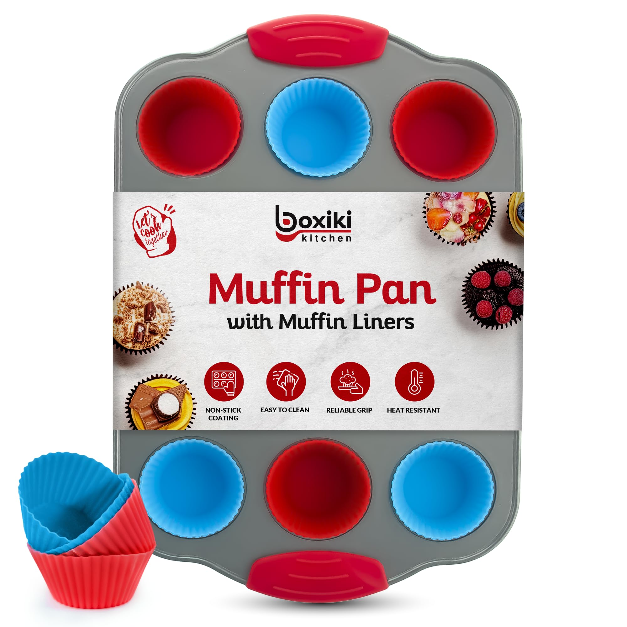 Boxiki Kitchen 12 Cup Mini Muffin Pan with Silicone Muffin Liners. Professional Cupcake Pan for Baking Muffin Mold, Mini Muffin Tin Non-Stick Steel Bakeware