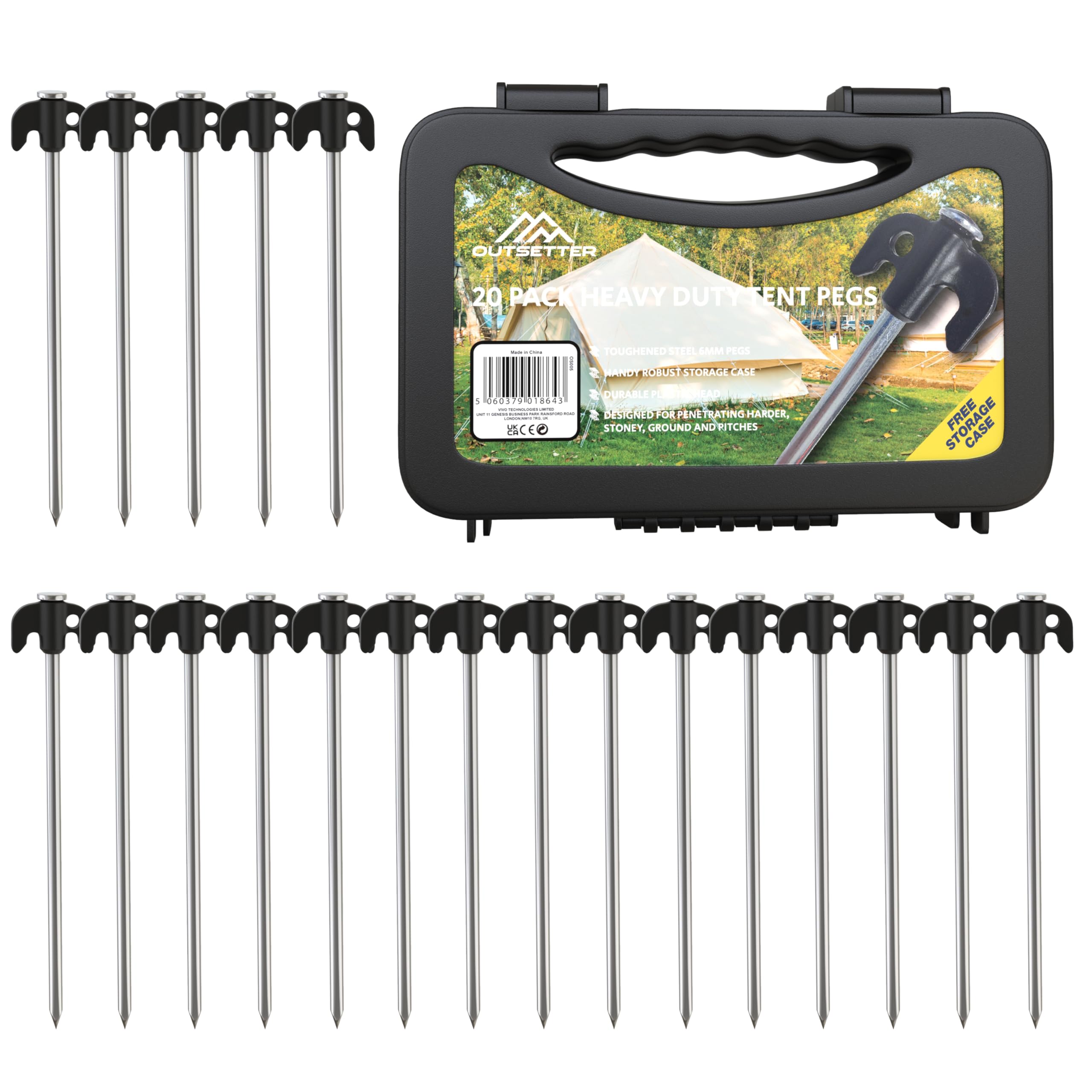 20 Pack Galvanised Steel Tent Pegs with Storage Case Heavy Duty Skewer Tent Pegs Metal Galvanised Awning Pegs Long Steel Ground Stakes for Camping Hard Ground Peg for All Ground Types Outdoor