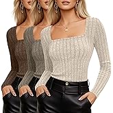 Yearntown 3 Pack Women's Long Sleeve Sweaters Ribbed Square Neck Slim Fit Tops Casual Stretch Lightweight Pullover Sweaters