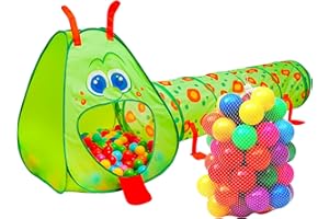 Kiddey Caterpillar Kids Play Tunnel and Tent with 50 Balls 2 Pc. Crawl Through Baby Ball Pit Pop up for Toddler and Babies, Indoor & Outdoor Jungle Gym Party Gift | Crawling Tunnels & Tents