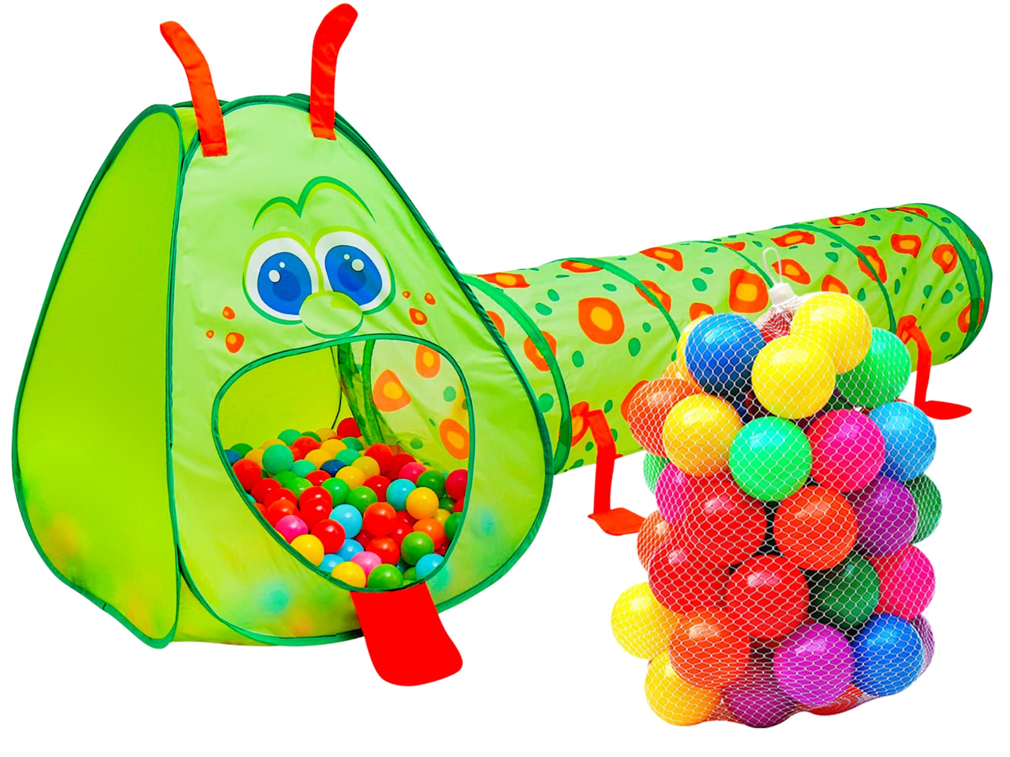 Kiddey Caterpillar Kids Play Tunnel and Tent with 50 Balls 2 Pc. Crawl Through Baby Ball Pit Pop up for Toddler and Babies, Indoor & Outdoor Jungle Gym Party Gift | Crawling Tunnels & Tents