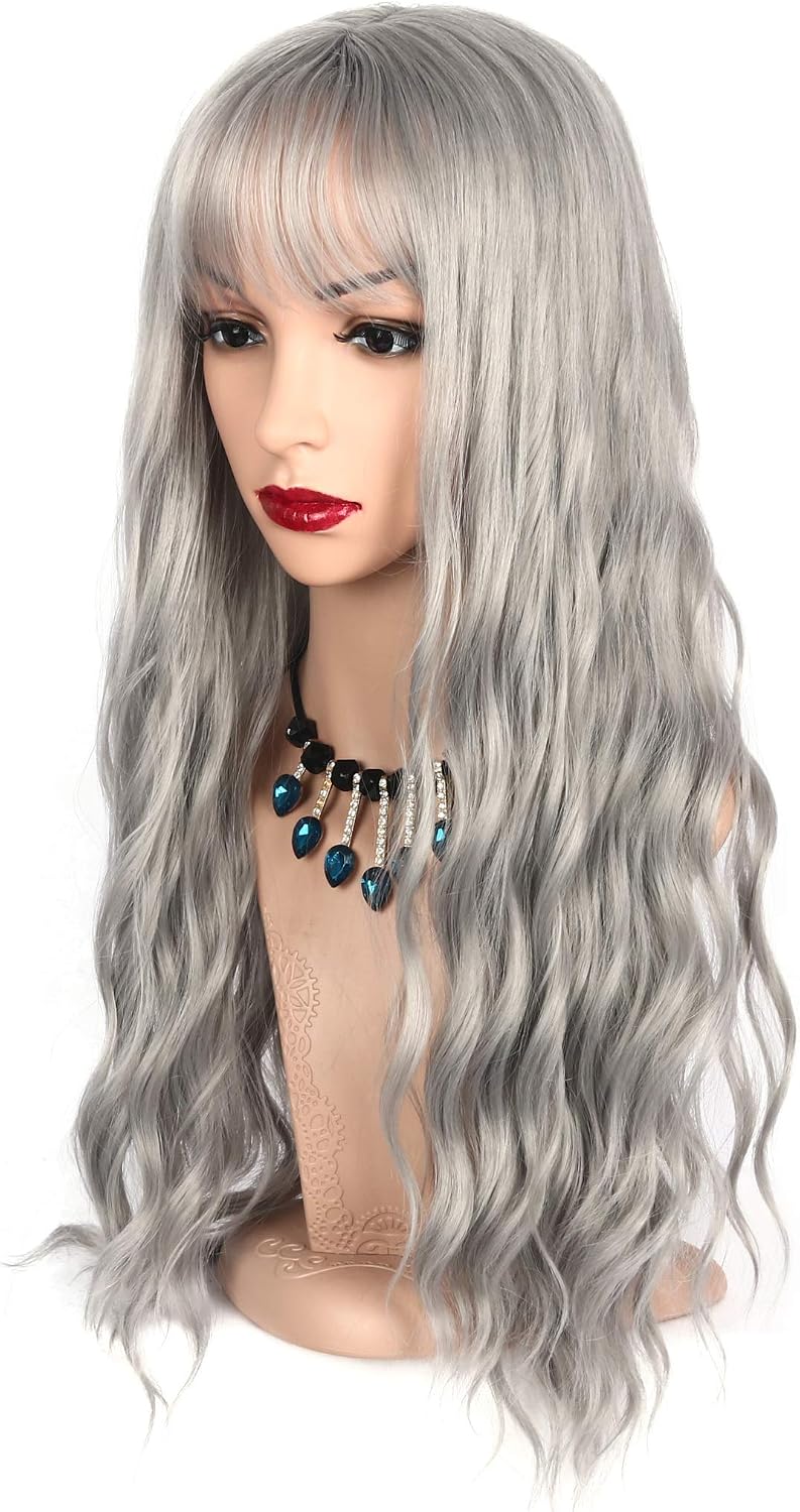 Chisu Synthetic Wigs With Bangs For Women Glueless Wigs Long Wavy Style Wig Middle Part 26inches Silver Grey Color - Image 5