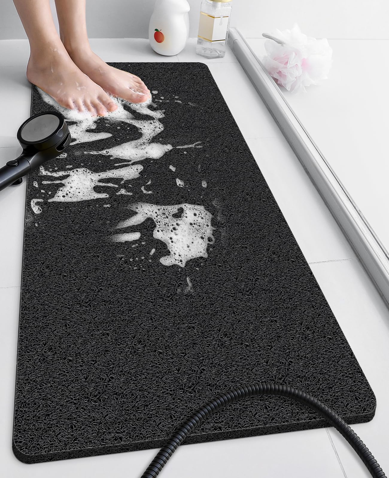 Loofah Mats for Shower, Non Slip Soft Textured Bath, 40x80CM Bathtub Mat with Drain, Phthalate Free, Quick Drying, Soft Comfort Bathroom Mats for Wet Areas (Black)