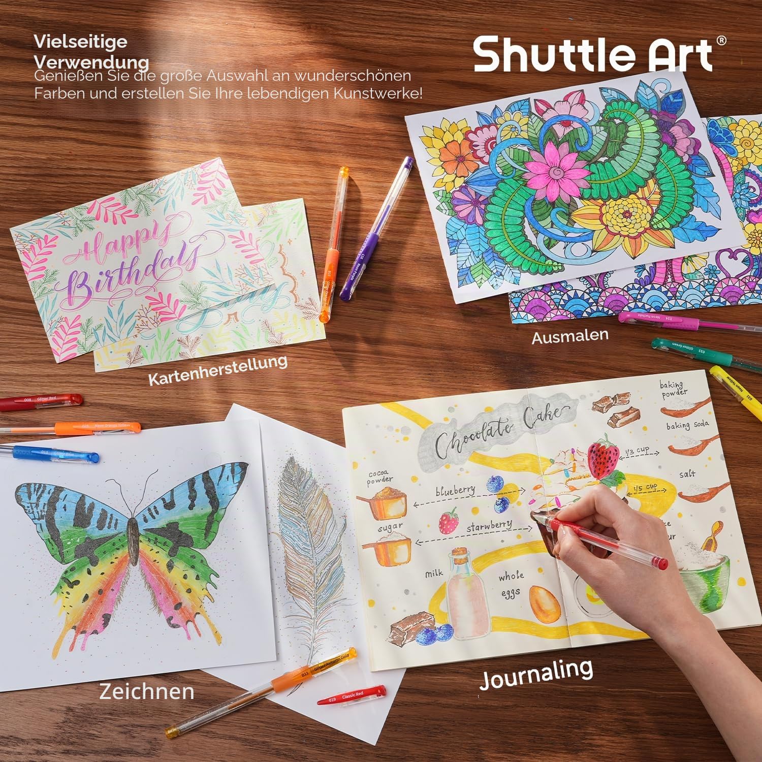 Shuttle Art 120 teiliges Gelstifte Set, 60 bunte Gel Stifte mit 60 Ersatzminen in Tragetasche, mit Malbuch für Erwachsene, Glitzer, Neon, Pastell, Metallic, Glitzerstifte für Mädchen Kinder 5