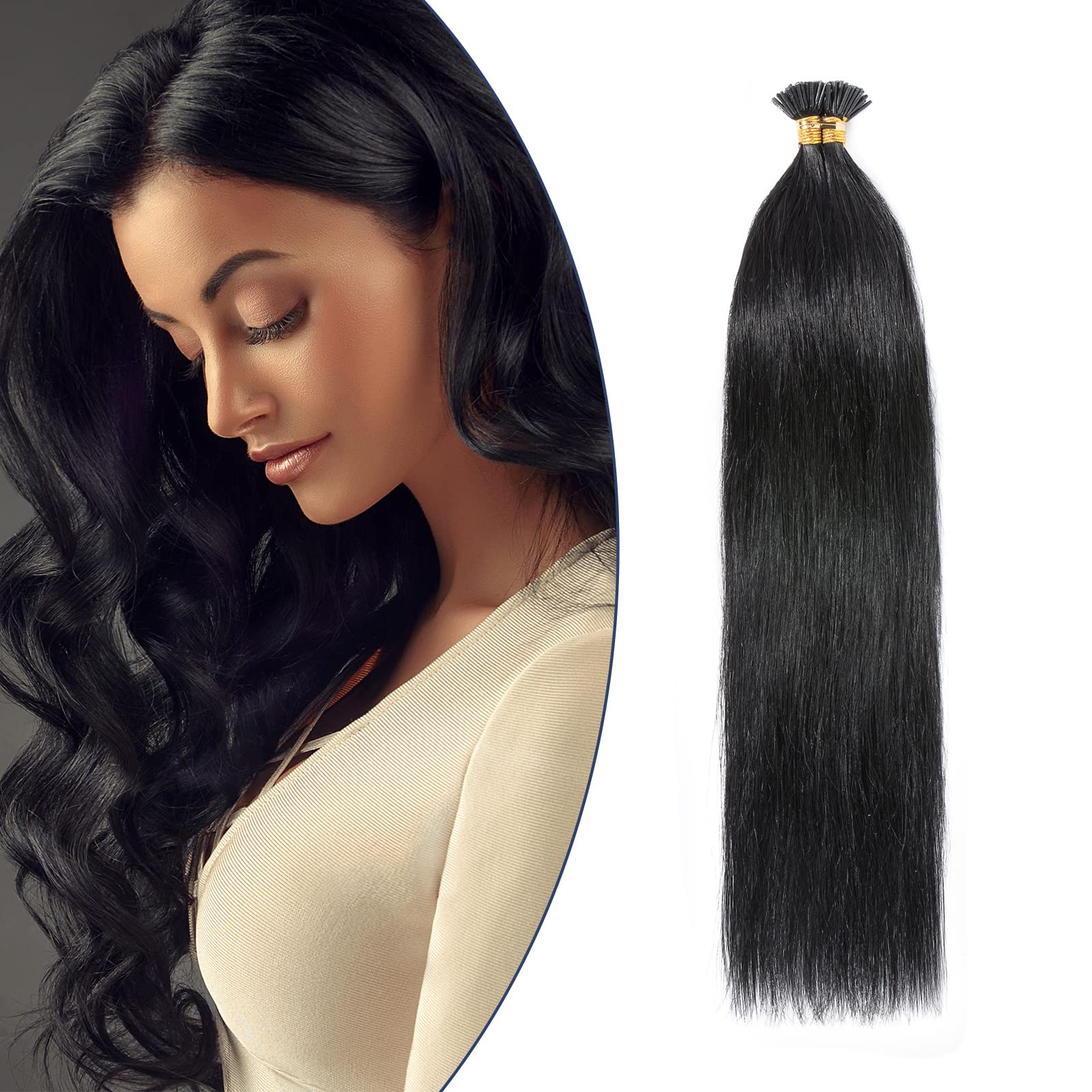 I Tip Pre Bonded Hair Extensions Stick Tip 100 Strands Keratin Real Remy Human Hair Extension Straight (18", #01 Jet Black)