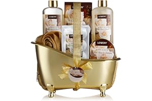 LOVERY Gifts for Women Home Spa Gift Basket, Luxury 13pc Bath & Body Set Men & Women, White Rose & Jasmine Scent - Shower Gel, Bubble Bath, Body Scrub, Salts, 6 Bath Bombs, Pouf, Cosmetic Bag & Gold Tub
